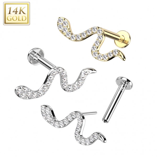 14k złoto wąż labret z kryształkami w oprawie Pave Push-In