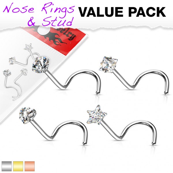 4 Pcs Value Pack of 316L Surgical Steel Nose Screw Rings with Prong Set CZ Mix