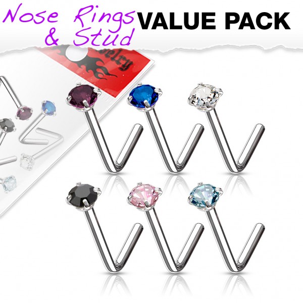 6 Pcs Value Pack of 316L Surgical Steel L Bend Nose Stud Rings with Prong Set CZ