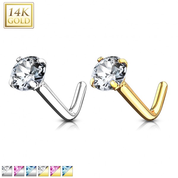 14Kt Gold L Bend Nose Ring with 2mm Prong Set Round CZ