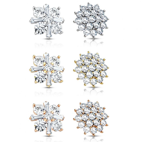24 Pcs of Princess Cut CZ Crossed CZ Square and CZ Paved Sunburst 316L Surgical Steel Internally Threaded Dermal Anchor Tops Assorted Package